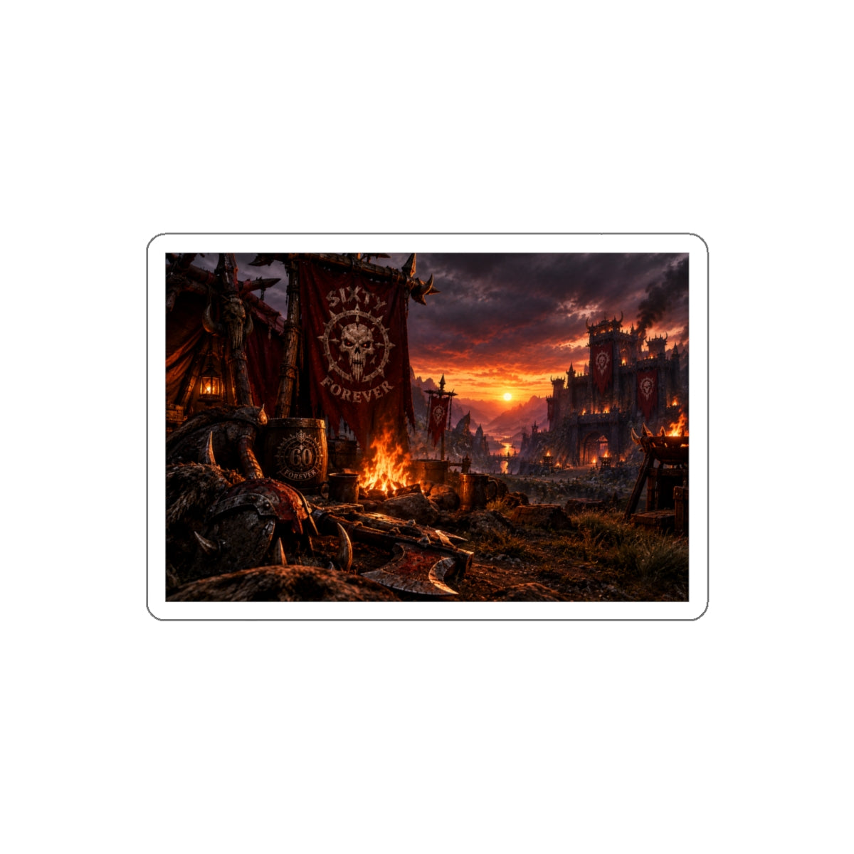 Medieval Battle Camp Die-Cut Sticker — Sunset Warcamp Scene