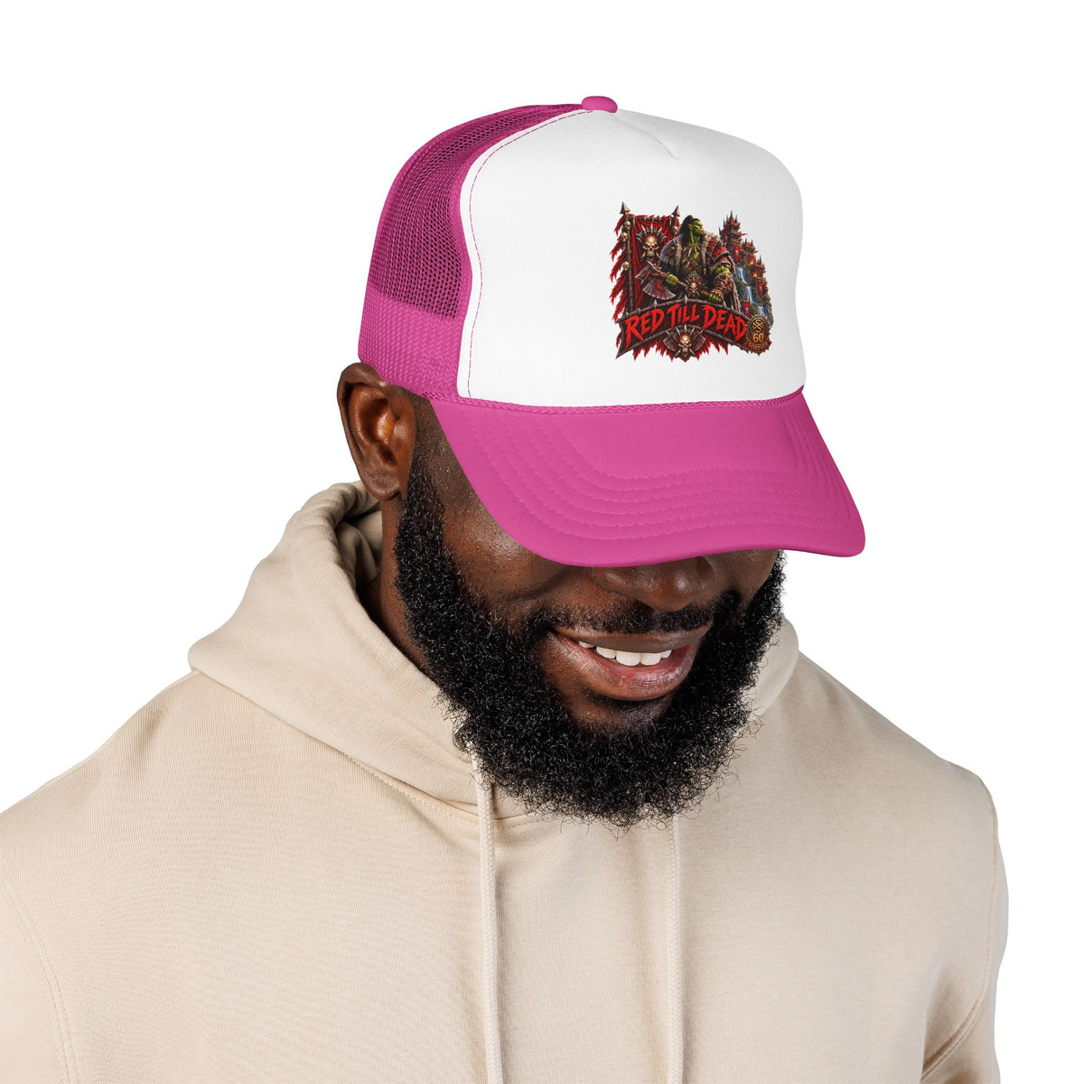 Red Till Dead Trucker Hat — Graphic Foam Mesh Cap for Bikers & Metal Fans