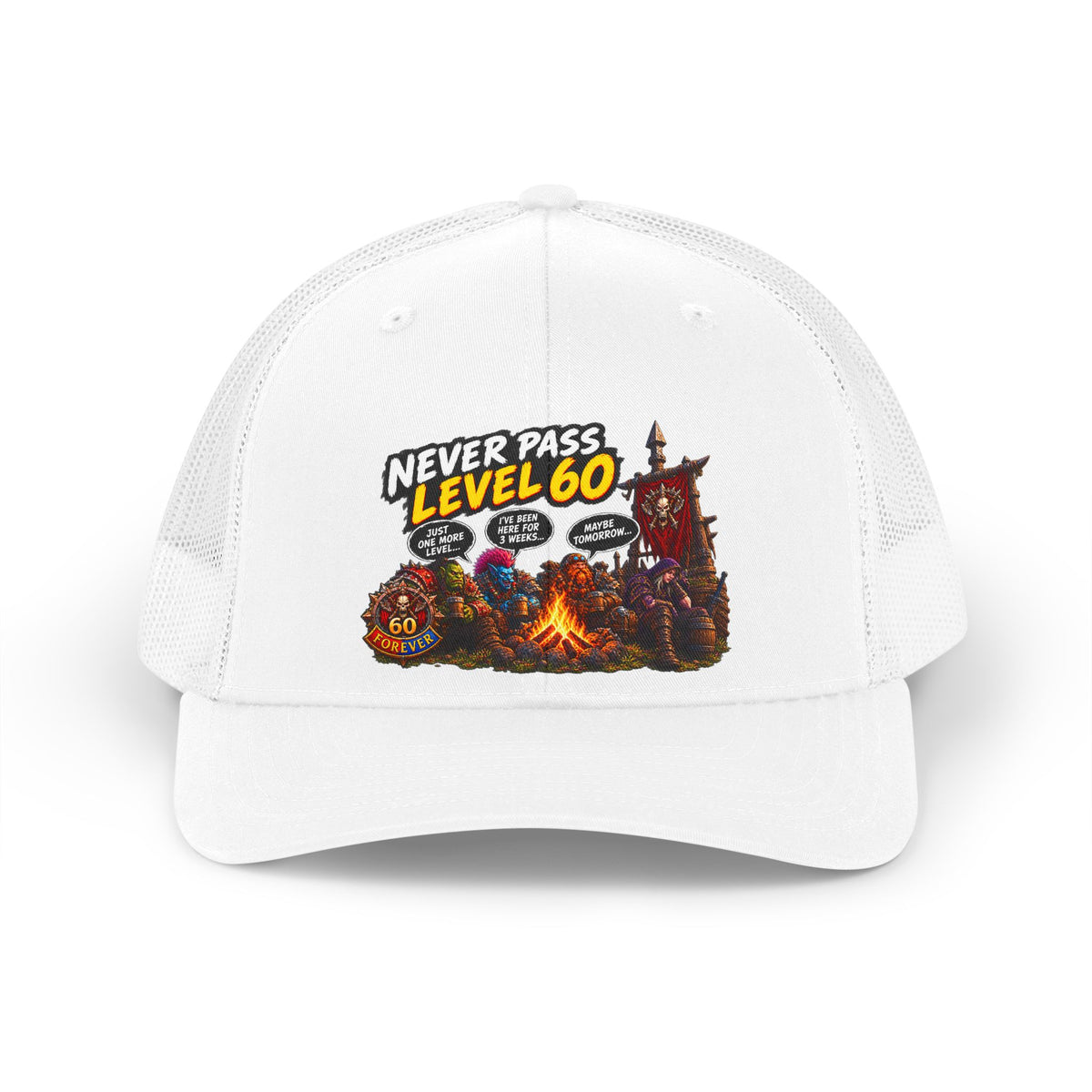 Never Pass Level 60 Trucker Hat — Retro Gamer Camping Design