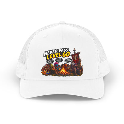 Never Pass Level 60 Trucker Hat — Retro Gamer Camping Design