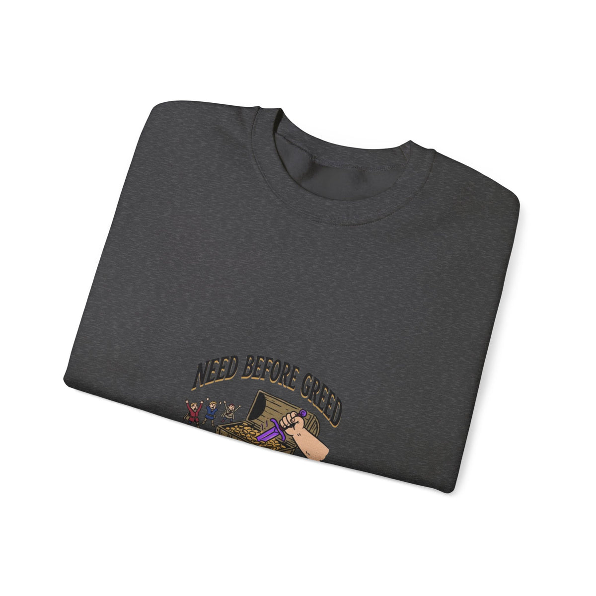 Crewneck Sweatshirt — "Need Before Greed" Chest Graphic (Sustainable Giving Vibe)