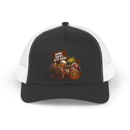 Retro Trucker Hat — "Work Sucks, Let's Raid!" Vintage Gamer Road Trip Cap