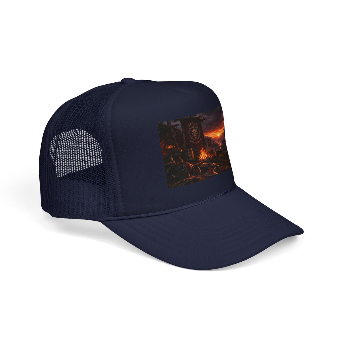 Post-Apocalyptic Campfire Foam Trucker Hat – Dark Dystopian Landscape