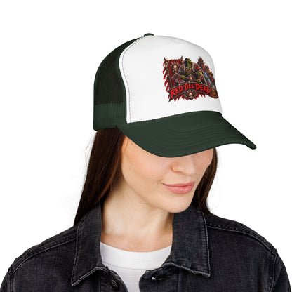Red Till Dead Trucker Hat — Graphic Foam Mesh Cap for Bikers & Metal Fans