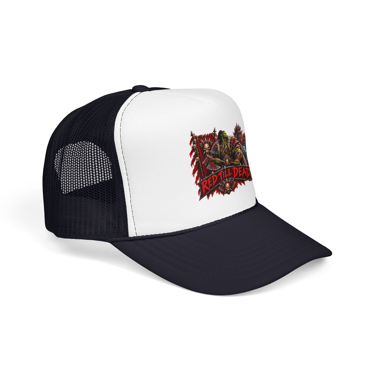 Red Till Dead Trucker Hat — Graphic Foam Mesh Cap for Bikers & Metal Fans