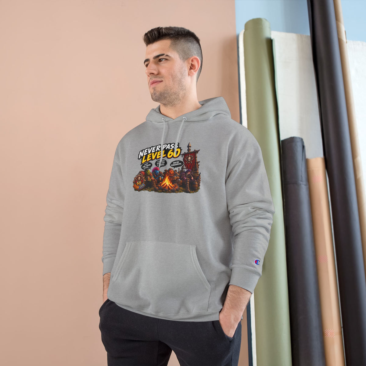 Champion Hoodie - 'Never Pass Level 60' Gamer Campfire Graphic Hoodie