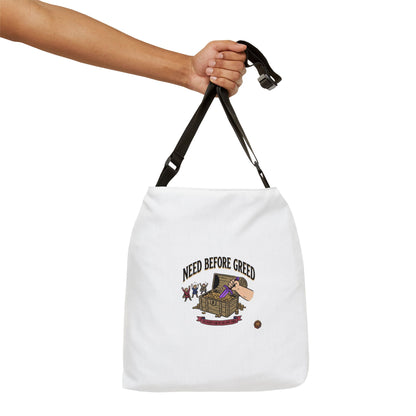Need Before Greed Tote Bag — Adjustable Canvas Tote with Funny Vintage Coin Pouch Design