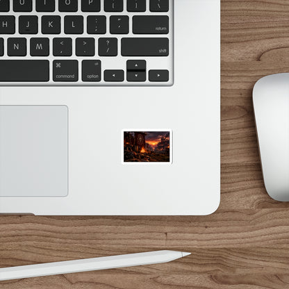 Medieval Battle Camp Die-Cut Sticker — Sunset Warcamp Scene