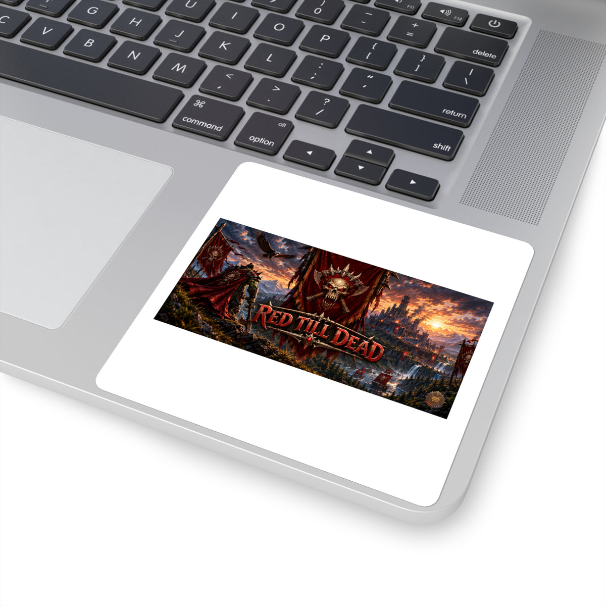 Red Till Dead Skull Banner Square Sticker — Dark Fantasy Laptop Decal