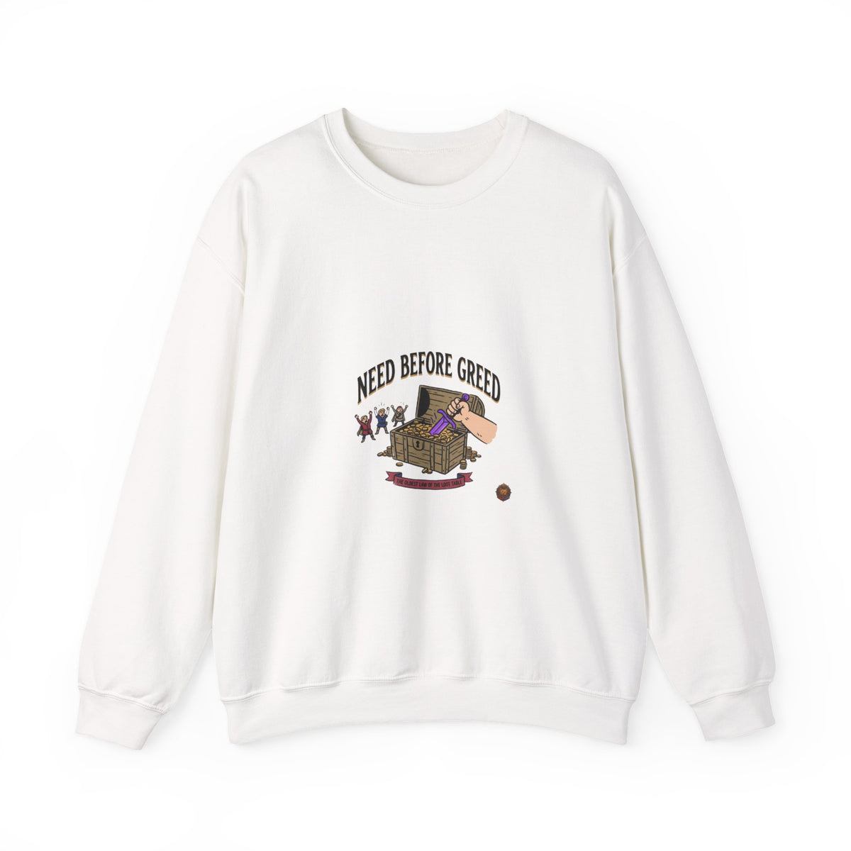 Crewneck Sweatshirt — "Need Before Greed" Chest Graphic (Sustainable Giving Vibe)